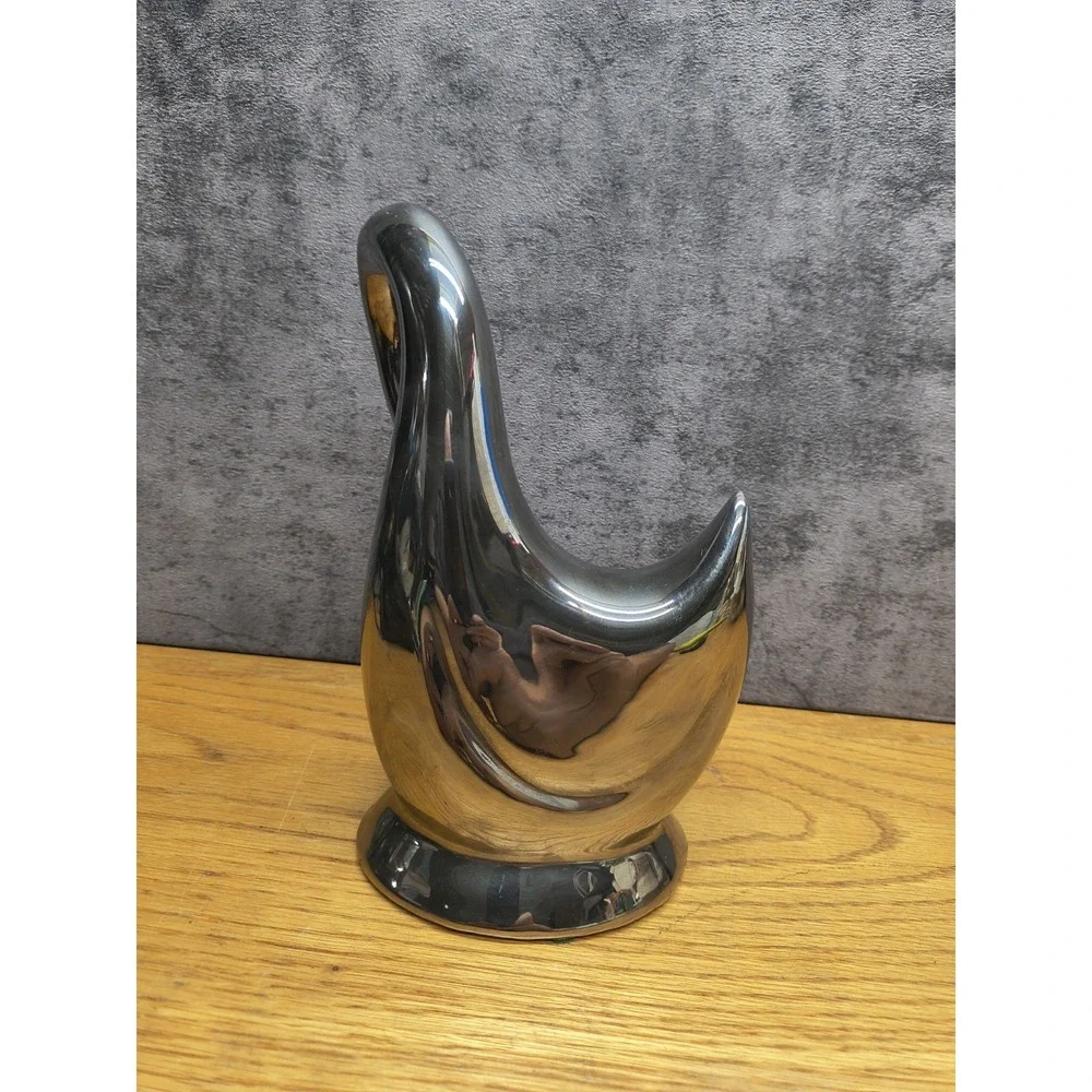 Vintage RETRO 1950 Plaster Chalkware SWAN GOOSE FIGURINE Platinum Silver Glaze +